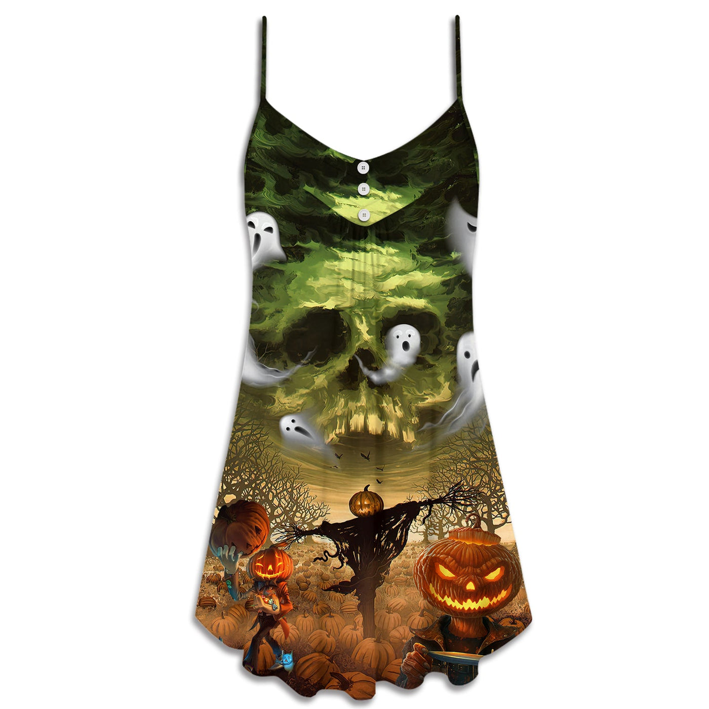 Halloween Pumpkin Crazy Ghost Style - V-neck Sleeveless Cami Dress - Owls Matrix LTD
