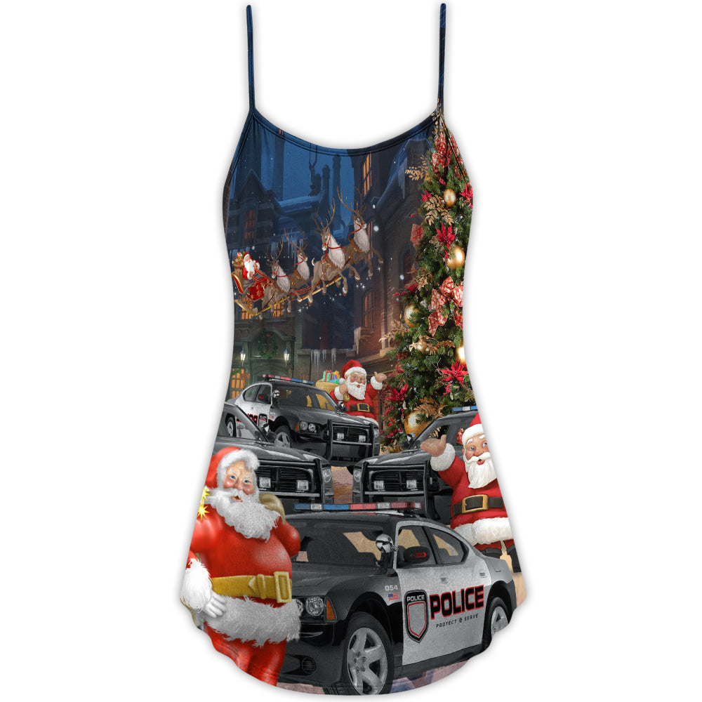 Christmas Santa Police Car Merry Xmas - V-neck Sleeveless Cami Dress - Owls Matrix LTD