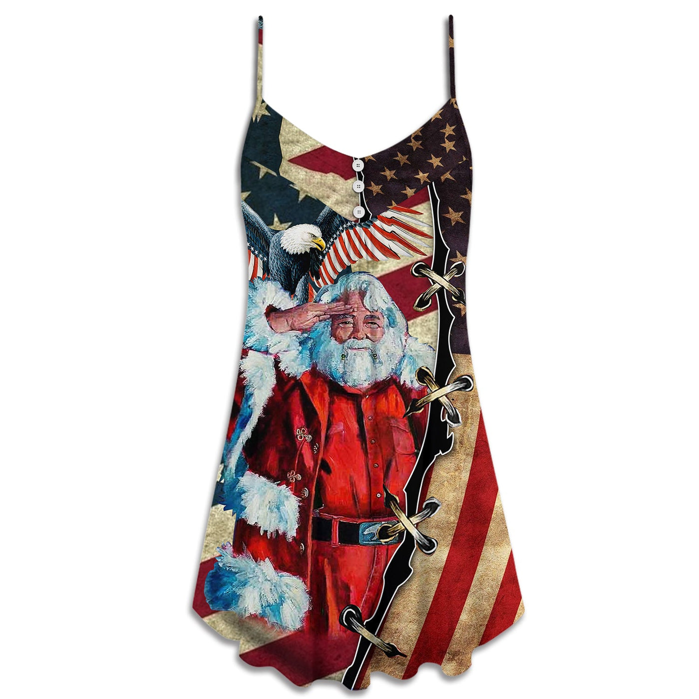 Christmas Patriot Santa Claus American Flag - V-neck Sleeveless Cami Dress - Owls Matrix LTD