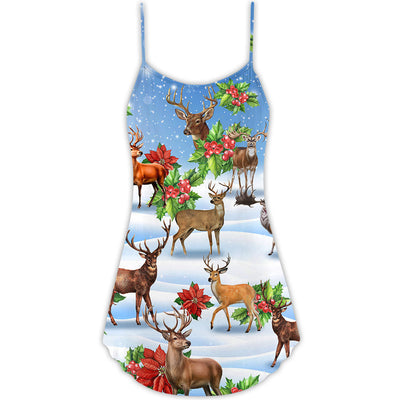 Deer Merry Christmas Snow Art - V-neck Sleeveless Cami Dress - Owls Matrix LTD
