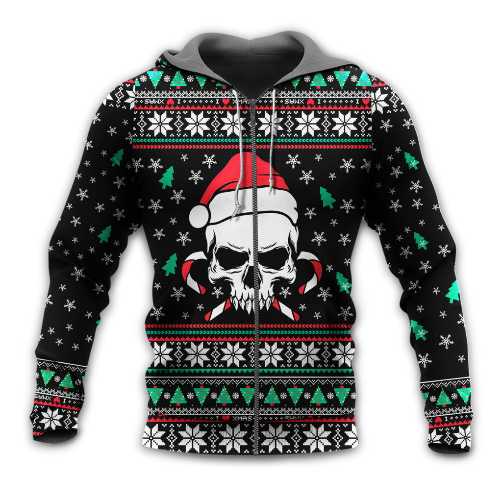 Zip Hoodie / S Christmas Skull Wearing Santa Claus Hat And Sweat Candy - Hoodie - Owls Matrix LTD