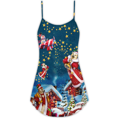 Christmas Bear Santa Happy - V-neck Sleeveless Cami Dress - Owls Matrix LTD