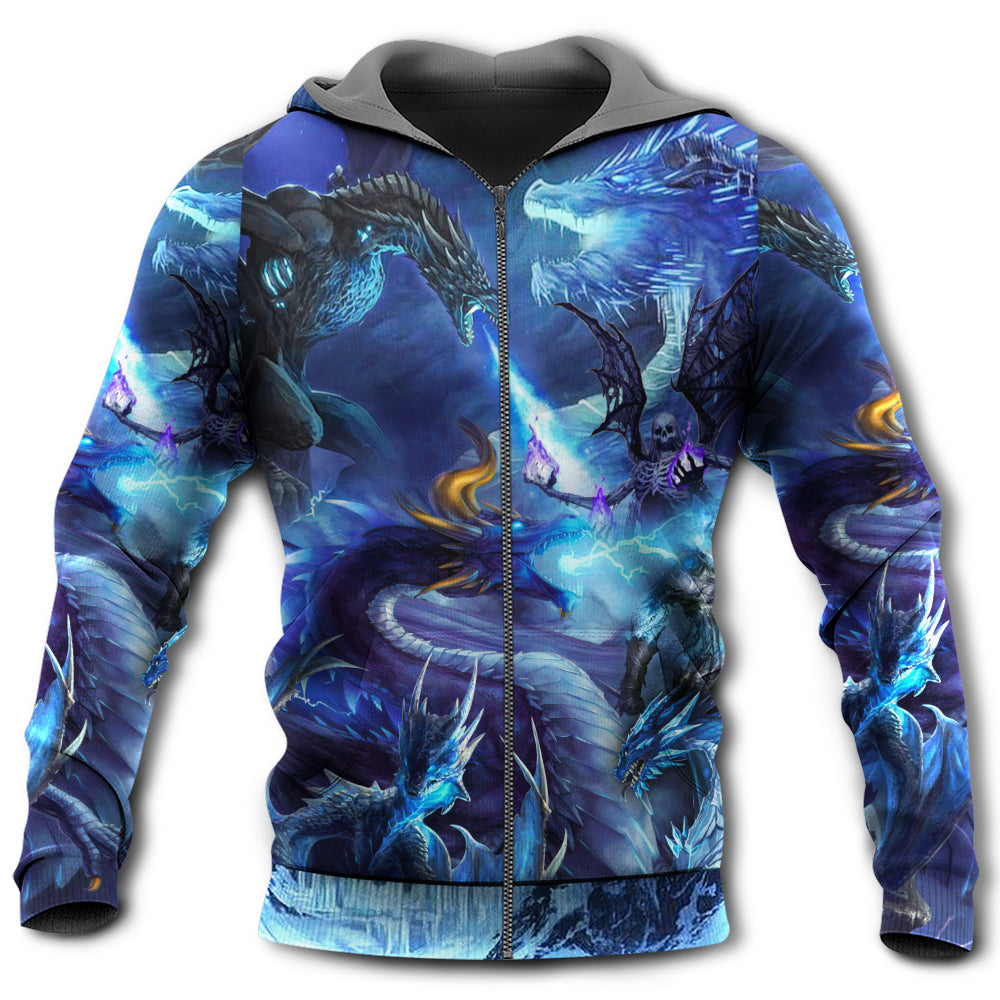 Zip Hoodie / S Dragon Blue Skull Fire Lightning Art Style - Hoodie - Owls Matrix LTD