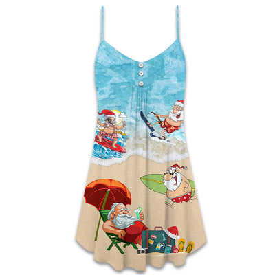 Christmas Santa Play On Beach - V-neck Sleeveless Cami Dress - Owls Matrix LTD
