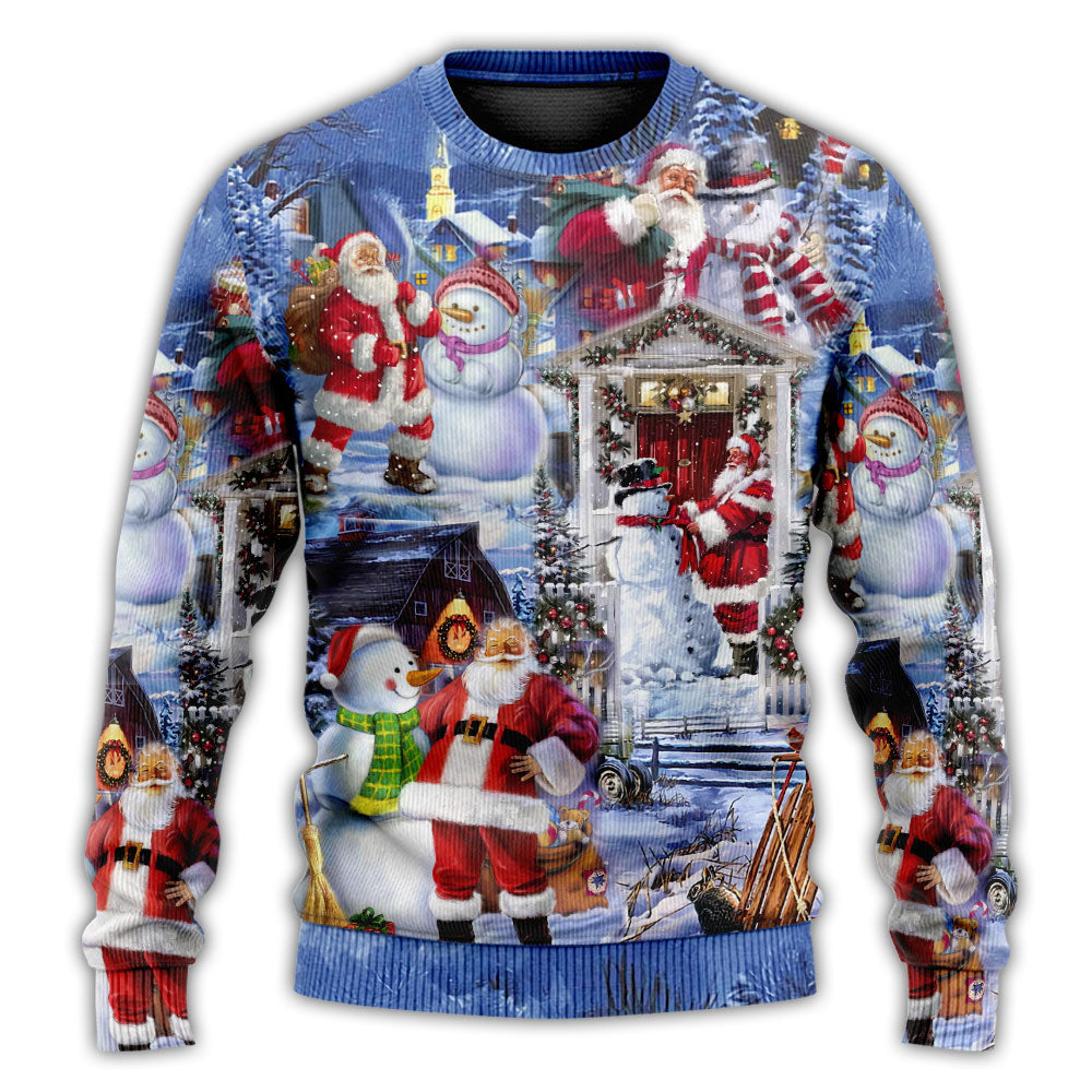 Christmas Sweater / S Santa And Snowman Happy Holiday Christmas - Sweater - Ugly Christmas Sweaters - Owls Matrix LTD