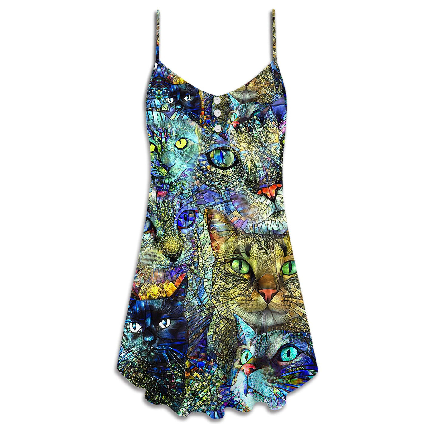 Cat Art Lover Cat Colorful Style - V-neck Sleeveless Cami Dress - Owls Matrix LTD