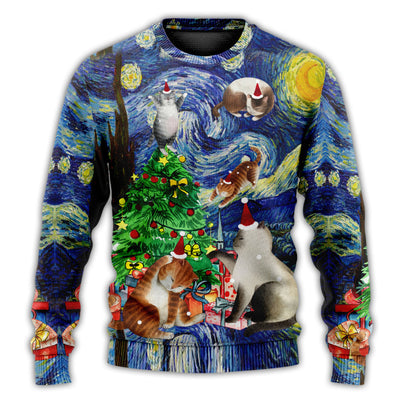 Christmas Sweater / S Christmas Cat Playing In Starry Night - Sweater - Ugly Christmas Sweaters - Owls Matrix LTD