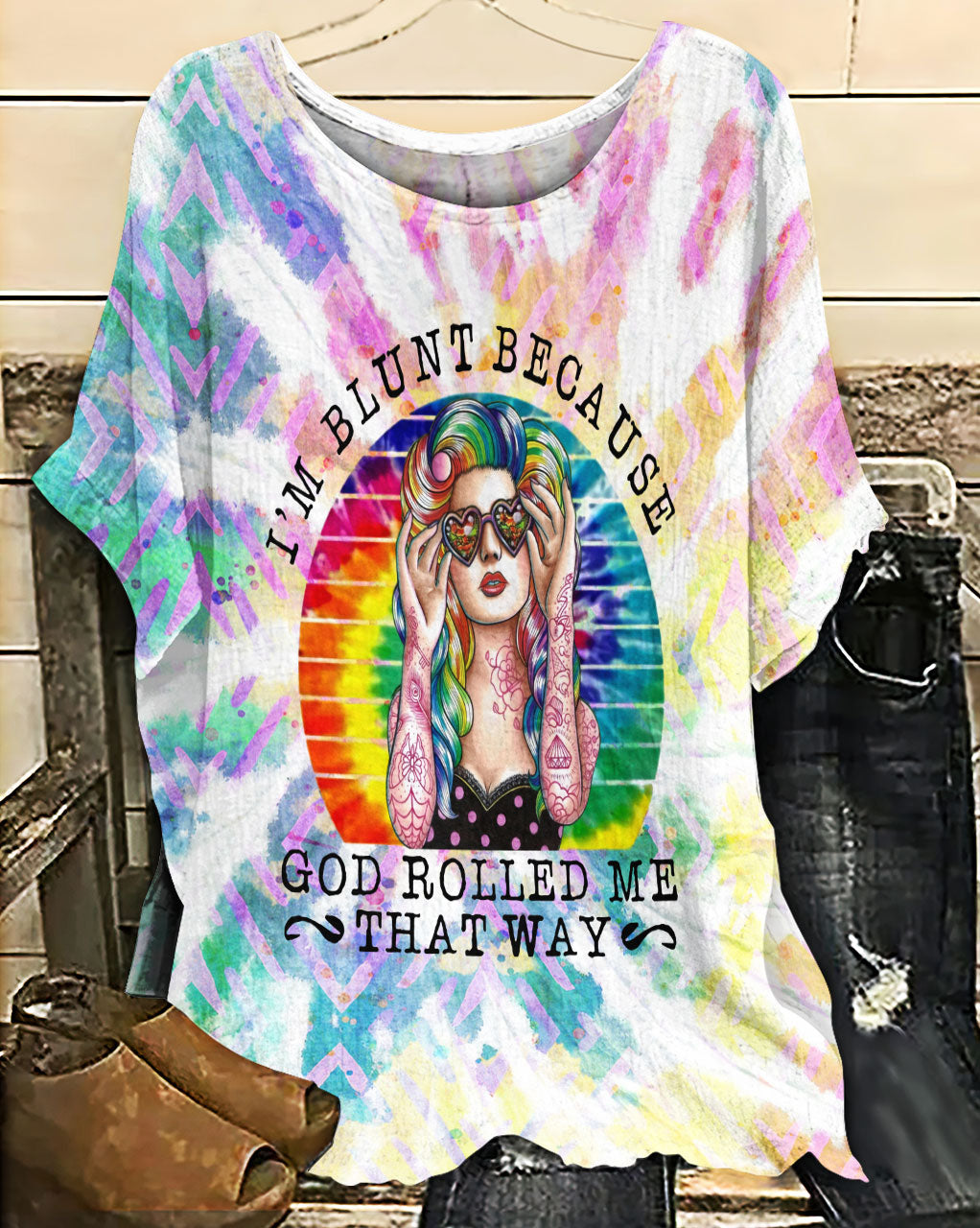 Hippie Girl I'm Blunt Because God Rolled Me That Way - Women's T-shirt With Bat Sleeve - Owls Matrix LTD