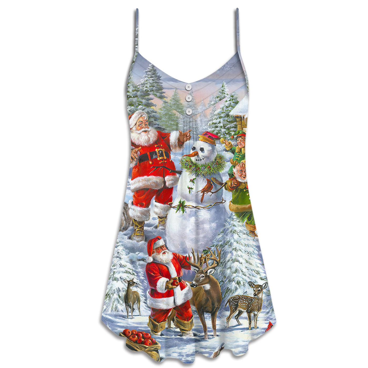 Christmas Santa Claus Snowman Elf So Happy Art Style - V-neck Sleeveless Cami Dress - Owls Matrix LTD