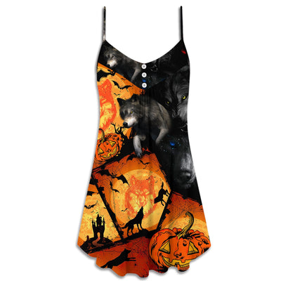 Halloween Wolf Pumpkin Scary - V-neck Sleeveless Cami Dress - Owls Matrix LTD