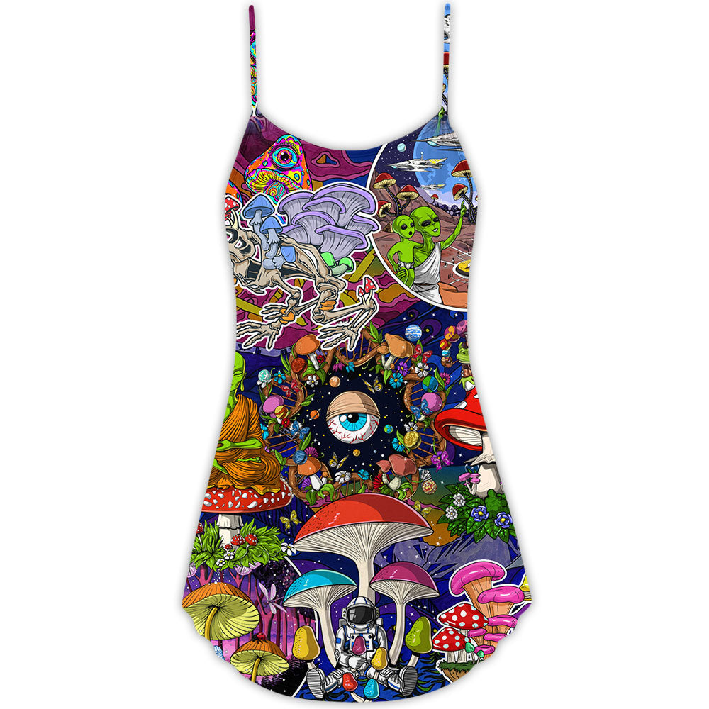 Hippie Mushroom Aliens Stay Hippie Colorful Art - V-neck Sleeveless Cami Dress - Owls Matrix LTD