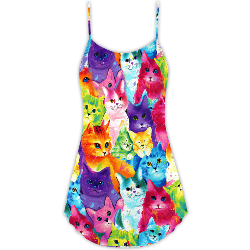 Cat Colorful Little Cute Kitten Happy Life - V-neck Sleeveless Cami Dress - Owls Matrix LTD
