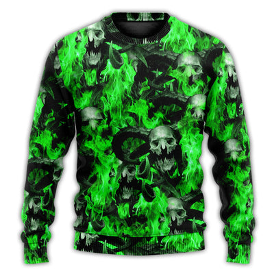 Christmas Sweater / S Skull Green Flame Burn - Sweater - Ugly Christmas Sweaters - Owls Matrix LTD