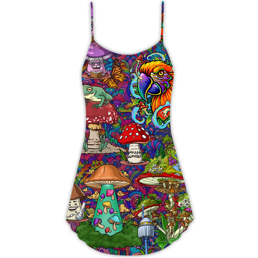 Hippie Mushroom Peace Lover - V-neck Sleeveless Cami Dress - Owls Matrix LTD