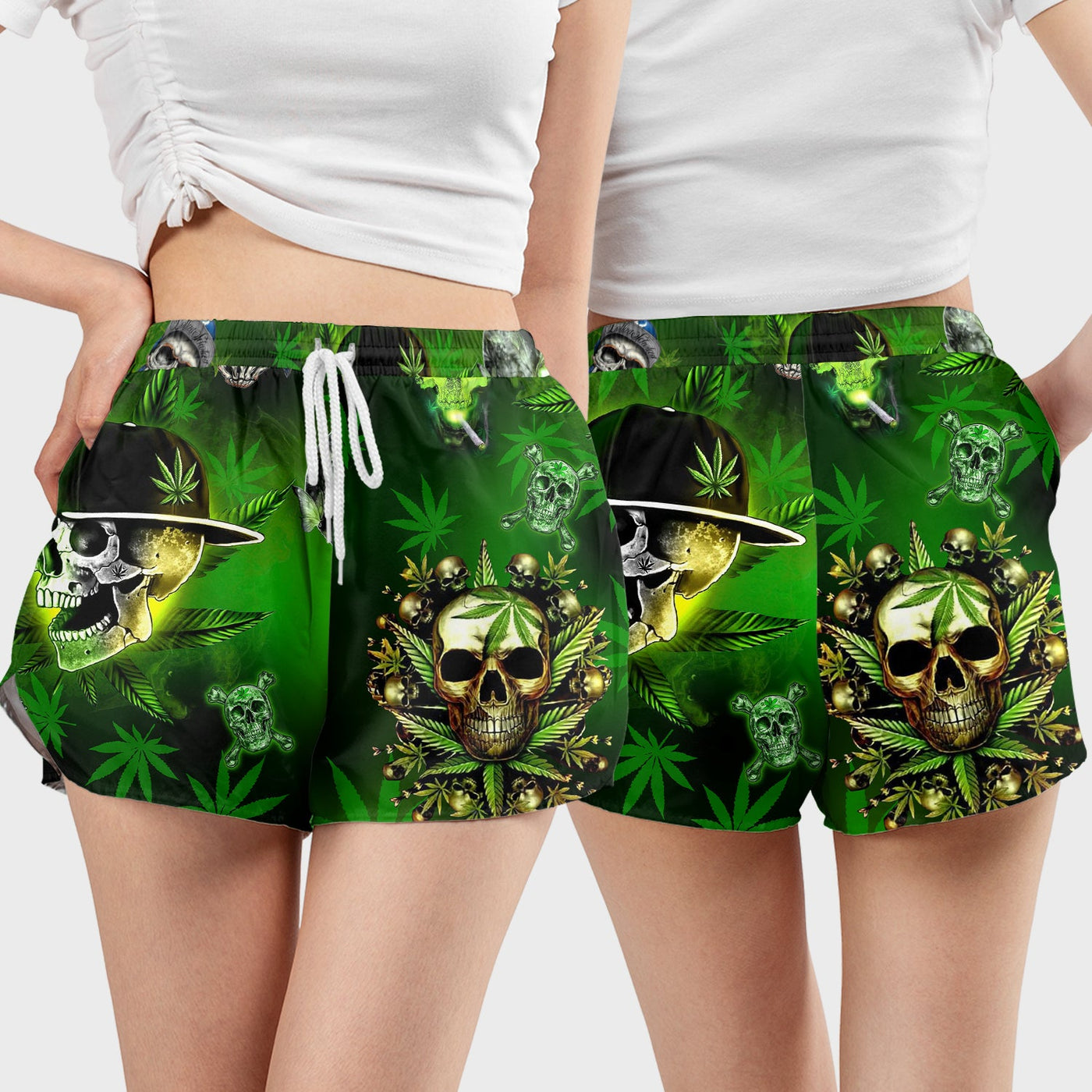 Skull Let's Get High Green - Women's Casual Shorts - Owls Matrix LTD