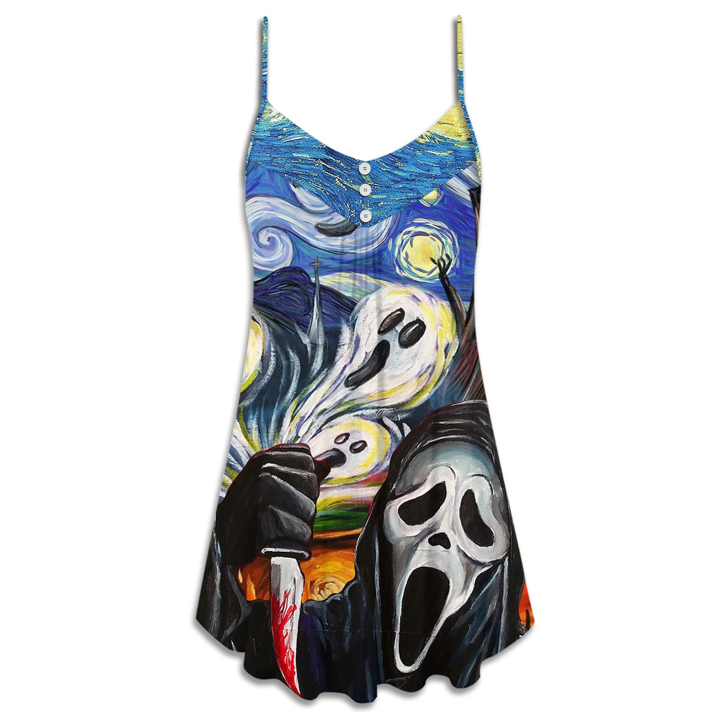 Halloween Ghost Scream Starry Night Funny Boo Art Style - V-neck Sleeveless Cami Dress - Owls Matrix LTD