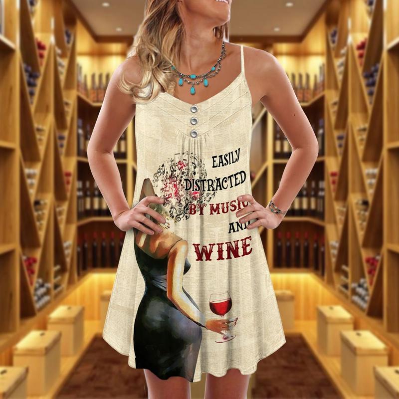 Wine And Summer Vibes Easily Distracted - Summer Dress - Owls Matrix LTD
