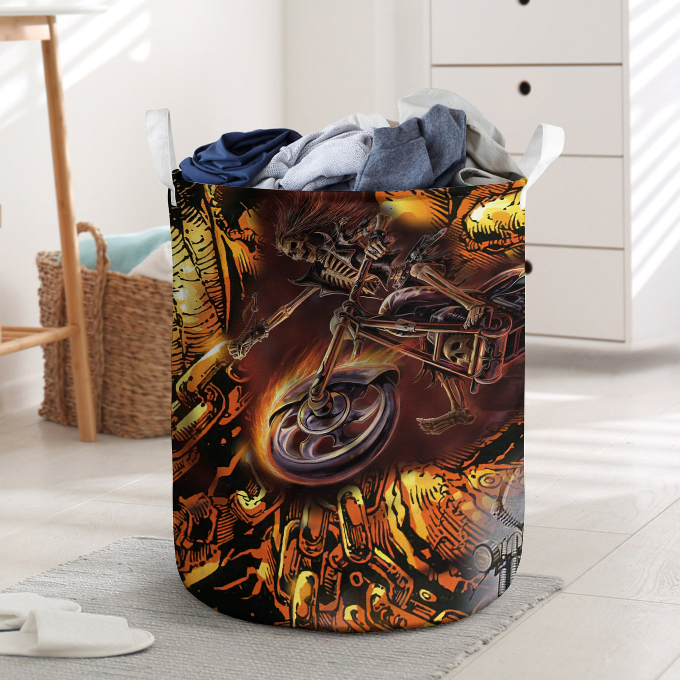 Skull Motorcycle Racing Fast Fire - Laundry Basket - Owls Matrix LTD