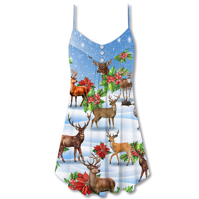 Deer Merry Christmas Snow Art - V-neck Sleeveless Cami Dress - Owls Matrix LTD