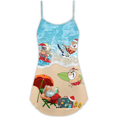 Christmas Santa Play On Beach - V-neck Sleeveless Cami Dress - Owls Matrix LTD