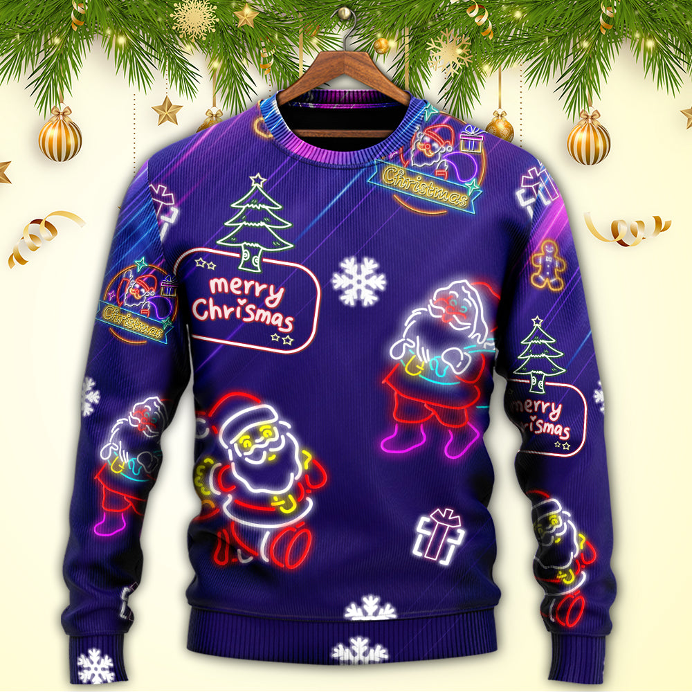 Christmas Santa Neon Light Xmas Party - Sweater - Ugly Christmas Sweaters - Owls Matrix LTD
