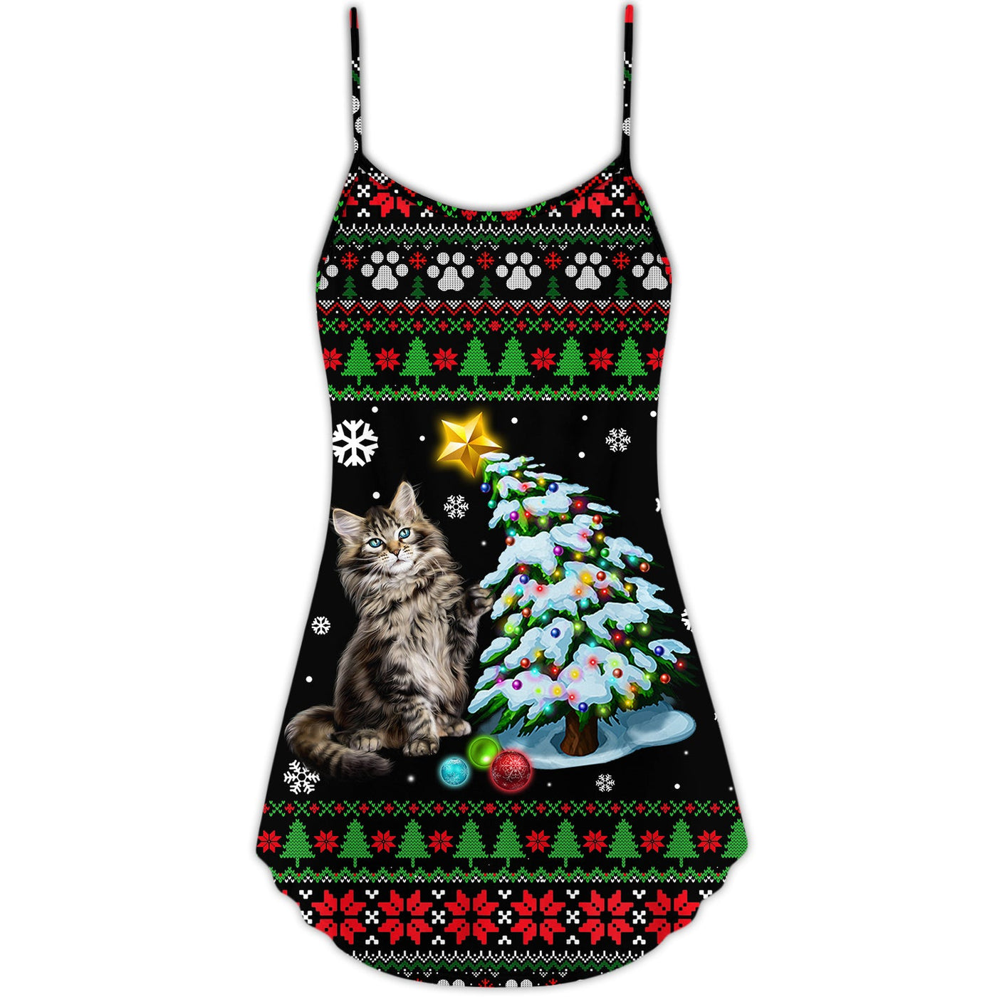 Christmas Cute Cat Wreck Tree Light Funny Ugly Style - V-neck Sleeveless Cami Dress - Owls Matrix LTD