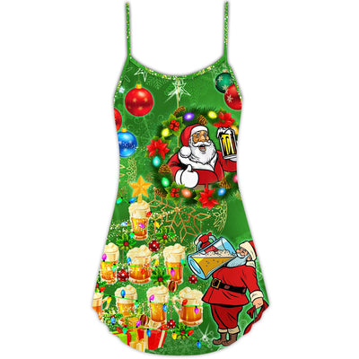 Christmas Funny Santa Claus Drinking Beer Happy Christmas Tree Green Light - V-neck Sleeve Cami Dress - Owls Matrix LTD
