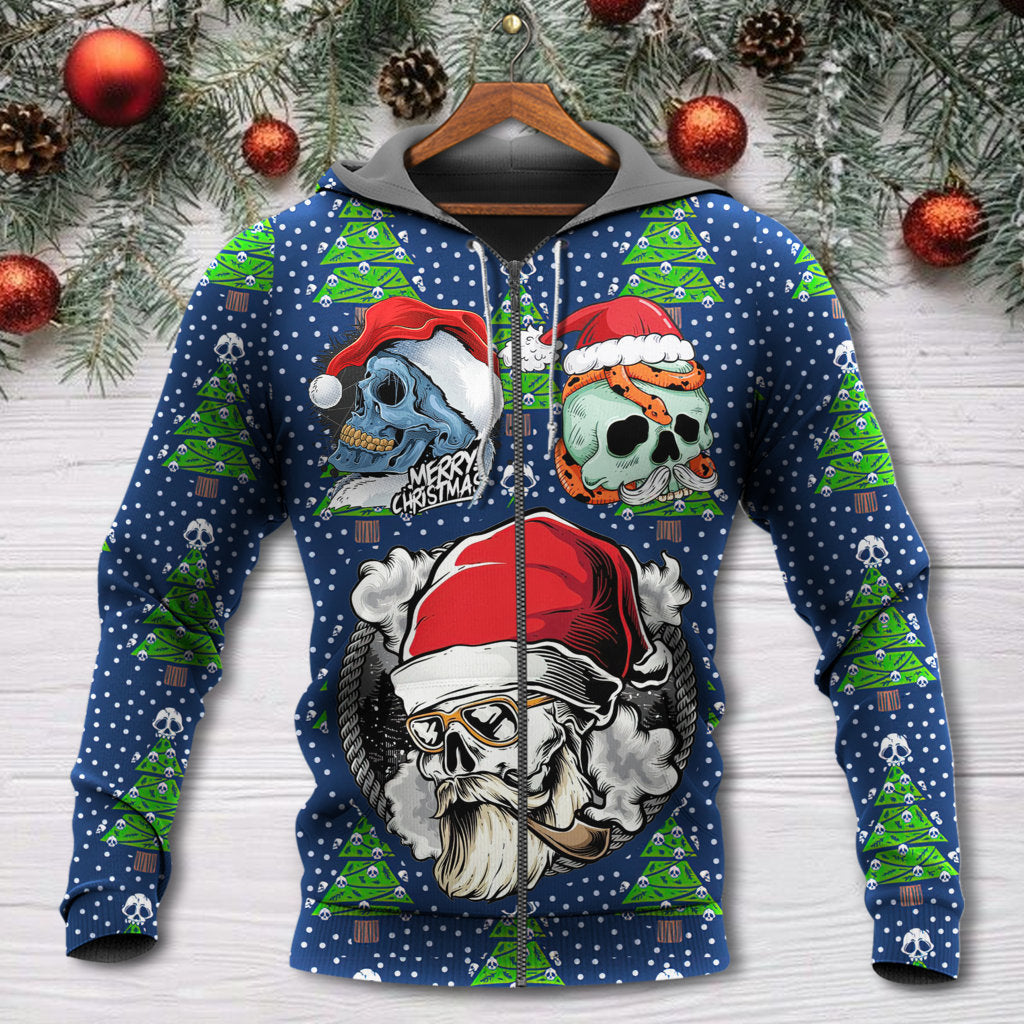 Christmas Skull With Santa Hat Merry Christmas Snow - Hoodie - Owls Matrix LTD