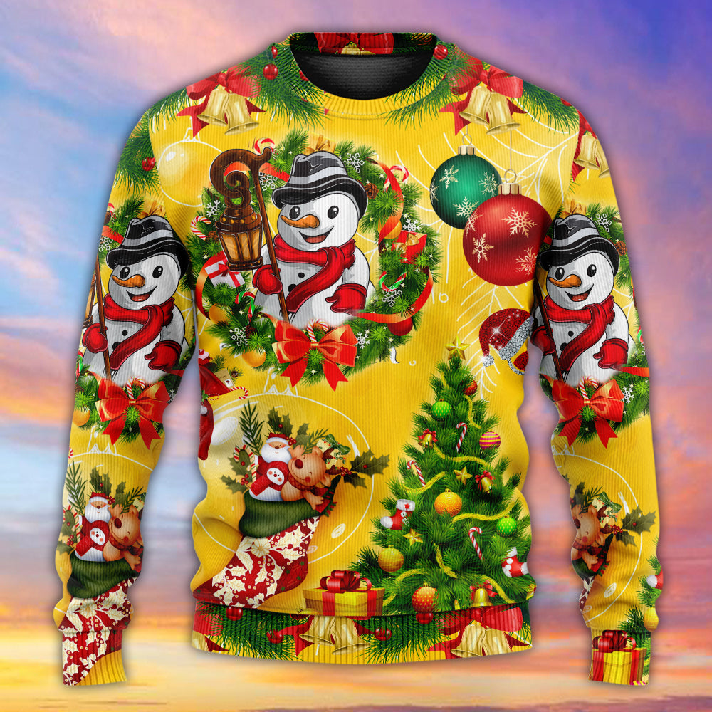 Christmas Funny Snowman Happy Christmas Tree Yellow Light - Sweater - Ugly Christmas Sweaters - Owls Matrix LTD