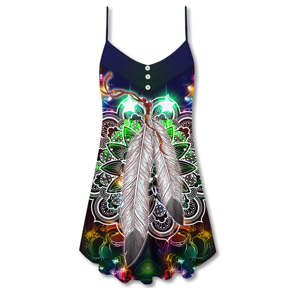 Christmas Feather Mandala Neon Art - V-neck Sleeveless Cami Dress - Owls Matrix LTD
