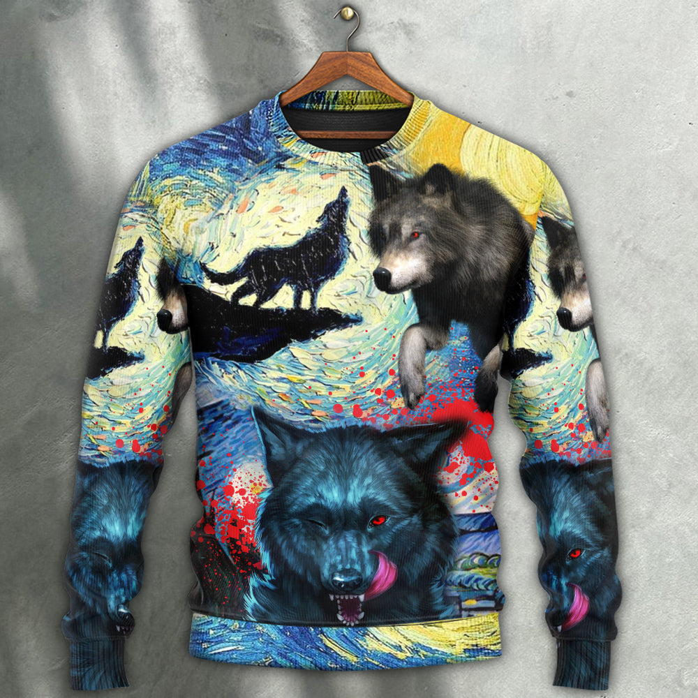 Halloween Black Wolf Crazy Starry Night Blood Art Style - Sweater - Ugly Christmas Sweaters - Owls Matrix LTD
