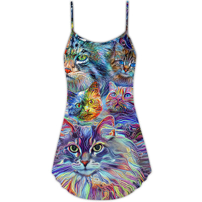Cat Art Hippie Lover Cat Colorful - V-neck Sleeveless Cami Dress - Owls Matrix LTD
