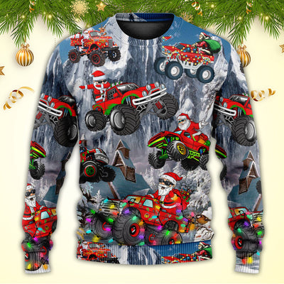 Christmas Funny Santa Claus Riding Red Truck Snow Mountain - Sweater - Ugly Christmas Sweaters - Owls Matrix LTD