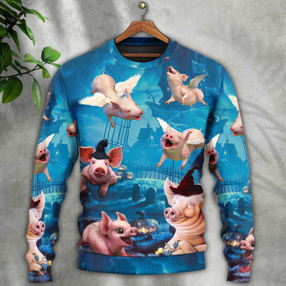Halloween Pig Fly Pumpkin Scary - Sweater - Ugly Christmas Sweaters - Owls Matrix LTD