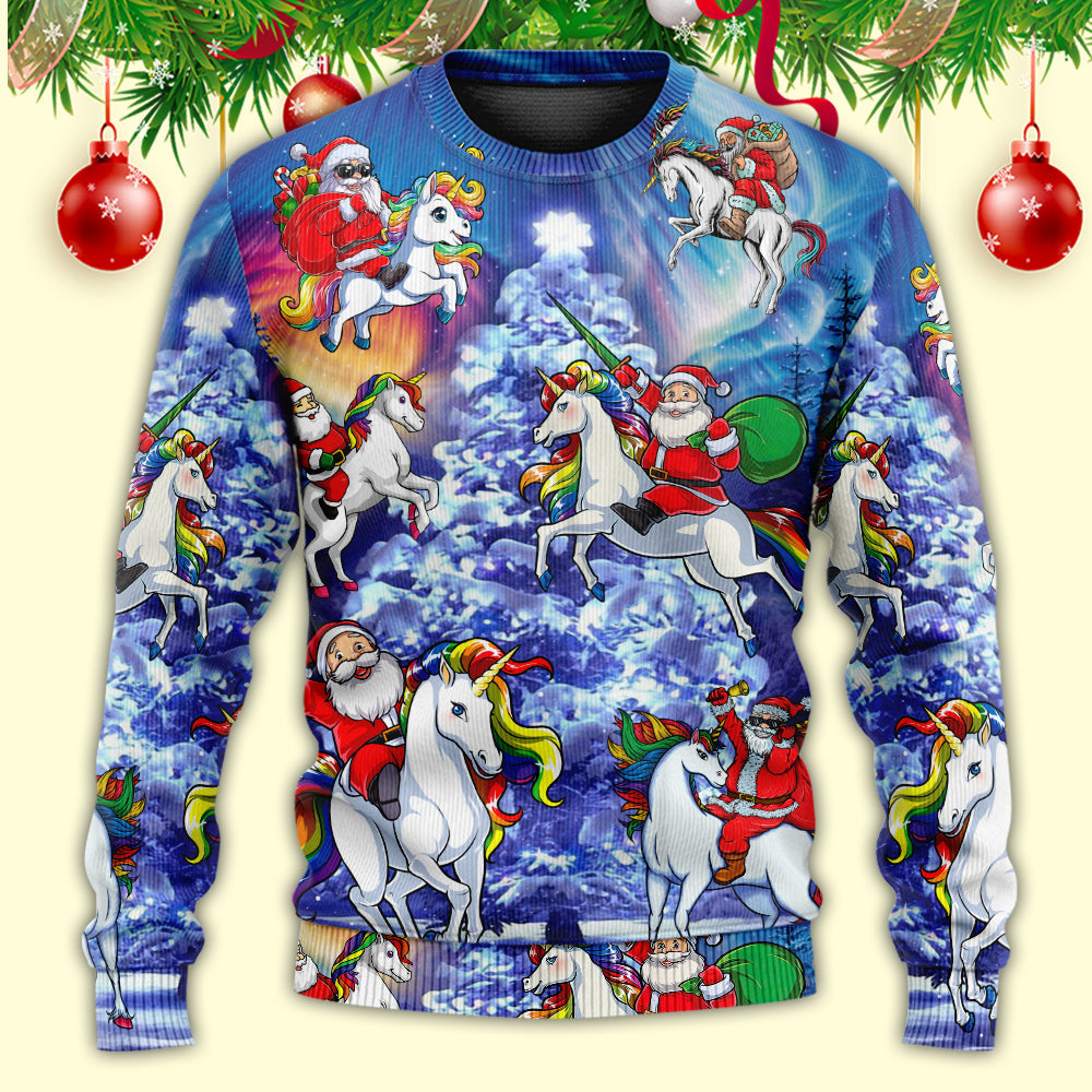 Christmas Funny Santa Claus Riding Unicorn Rainbow Sky Night - Sweater - Ugly Christmas Sweaters - Owls Matrix LTD