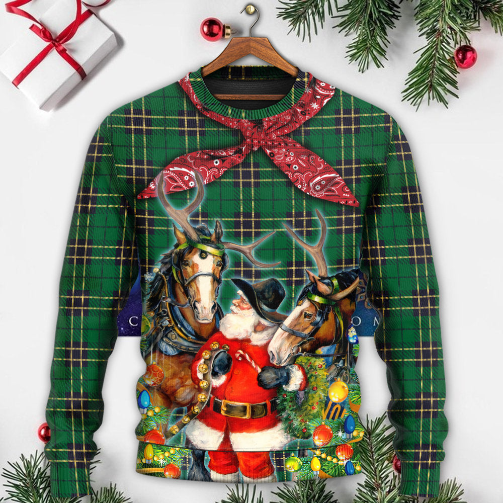 Christmas Santa Cowboy Christmas Green Style - Sweater - Ugly Christmas Sweaters - Owls Matrix LTD