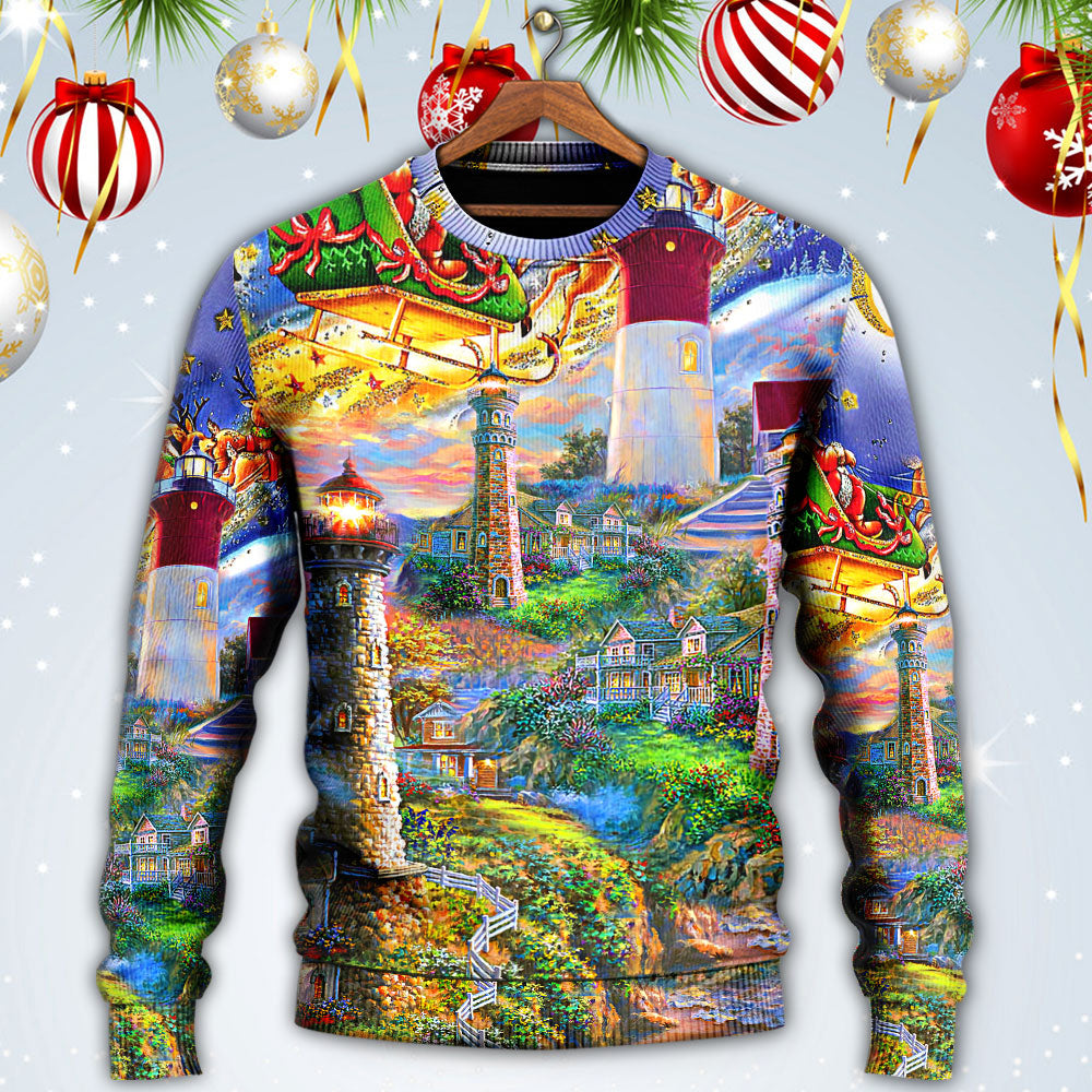 Lighthouse Christmas Santa Home The Light Is - Sweater - Ugly Christmas Sweaters - Owls Matrix LTD