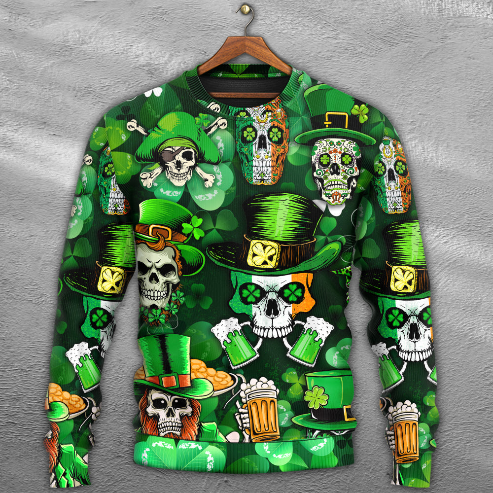 Irish Skull St Patrick's Day Green Light - Sweater - Ugly Christmas Sweaters - Owls Matrix LTD