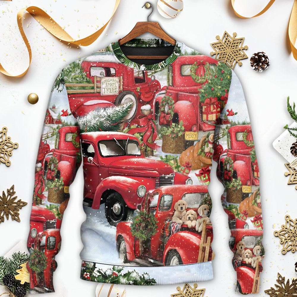 Christmas Red Truck With Xmas Tree And Little Puppy - Sweater - Ugly Christmas Sweaters - Owls Matrix LTD
