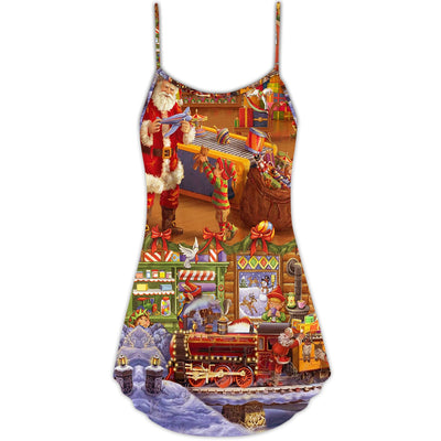Christmas Santa And Happiness Train Art Style - V-neck Sleeveless Cami Dress - Owls Matrix LTD