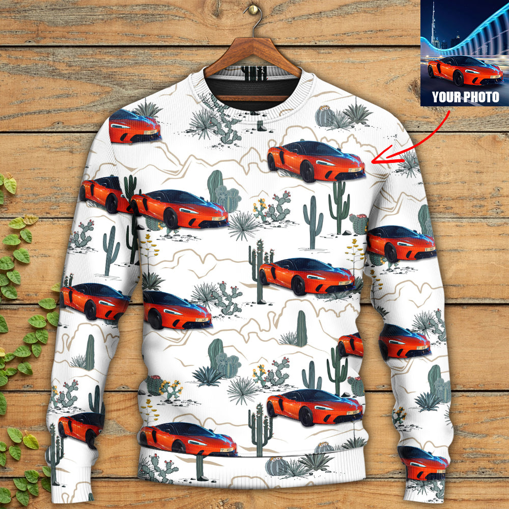 Car Desert With Mountains Blooming Cacti Opuntia And Saguaro Custom Photo - Sweater - Ugly Christmas Sweaters - Owls Matrix LTD