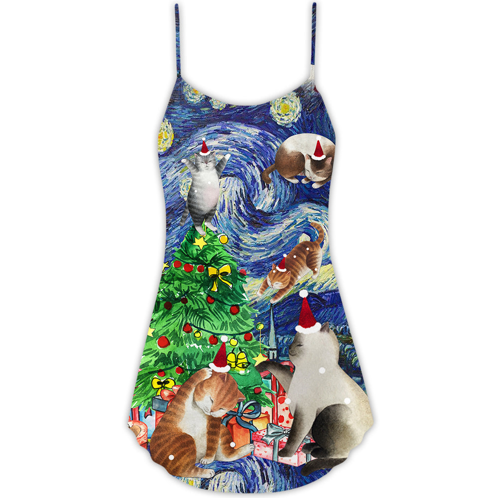 Christmas Cat Playing In Starry Night - V-neck Sleeveless Cami Dress - Owls Matrix LTD