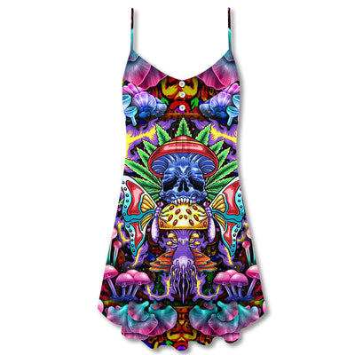 Hippie Mushroom And Skull Art - V-neck Sleeveless Cami Dress - Owls Matrix LTD