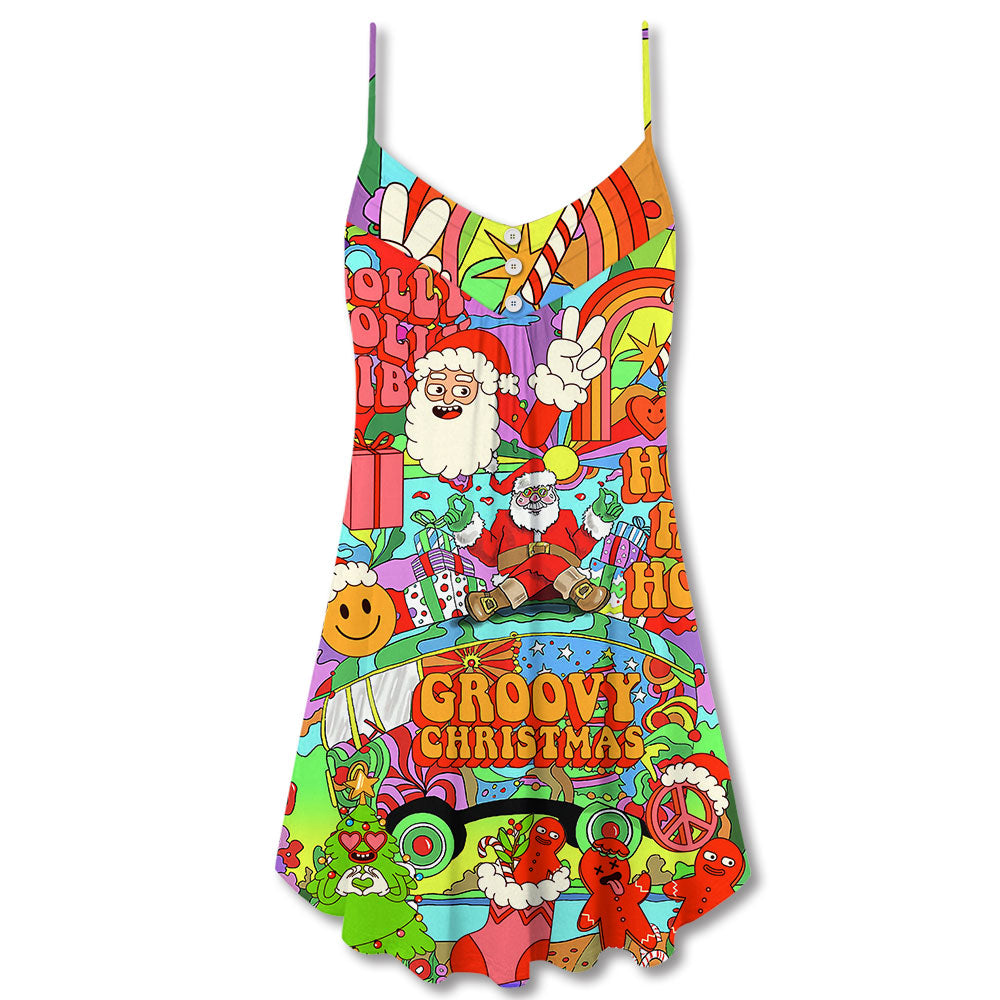 Christmas Hippie Santa Bus Peace - V-neck Sleeveless Cami Dress - Owls Matrix LTD