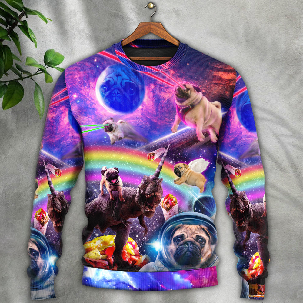 Pug Galaxy Rainbow Star T-Rex Style - Sweater - Ugly Christmas Sweaters - Owls Matrix LTD