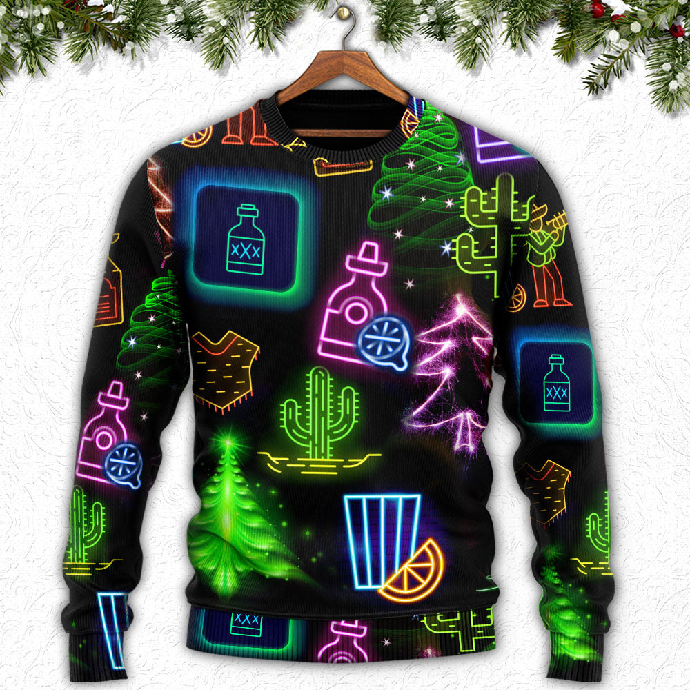 Wine Tequila Christmas Neon Art Drinking - Sweater - Ugly Christmas Sweaters - Owls Matrix LTD