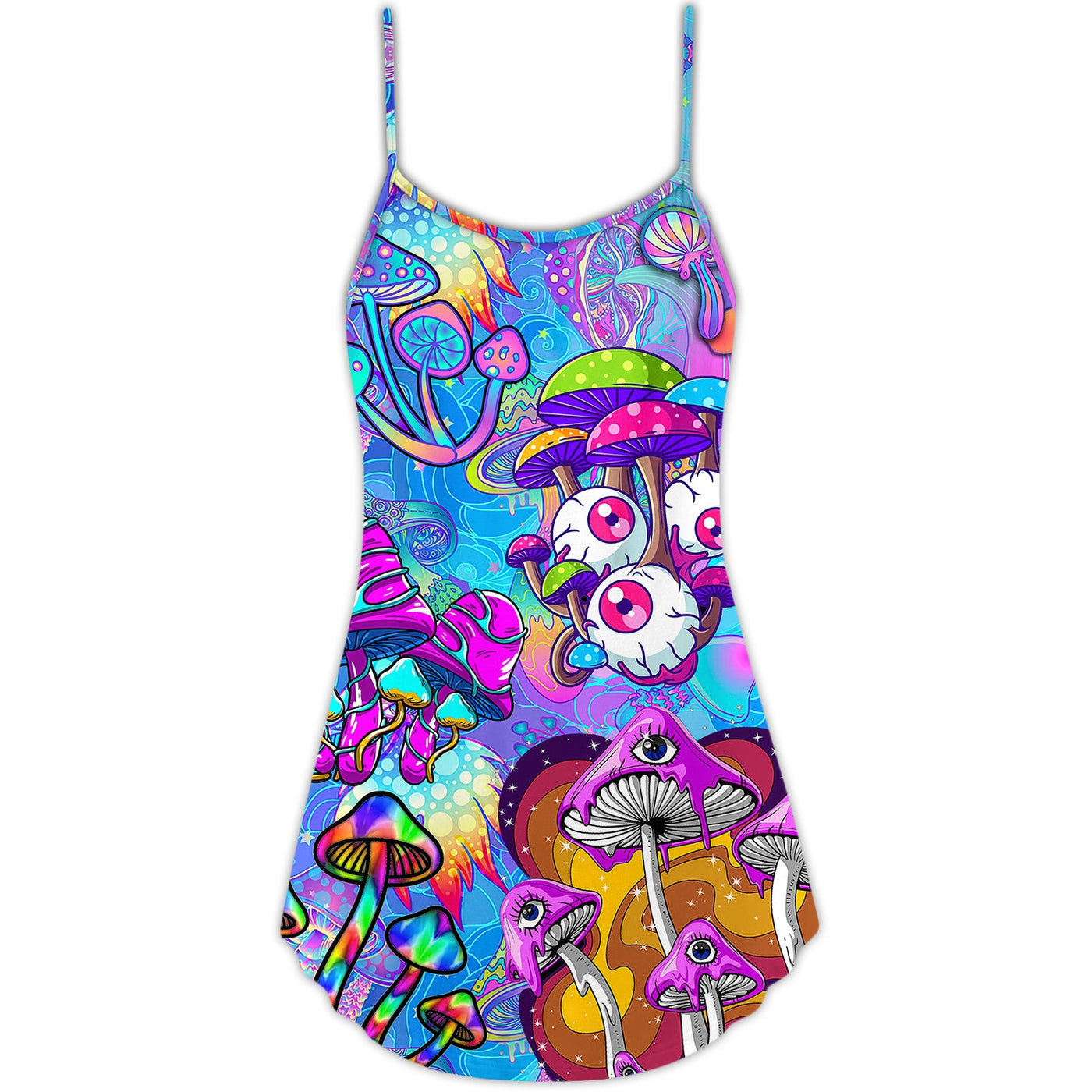Hippie Mushroom Colorful Cool Style - V-neck Sleeveless Cami Dress - Owls Matrix LTD