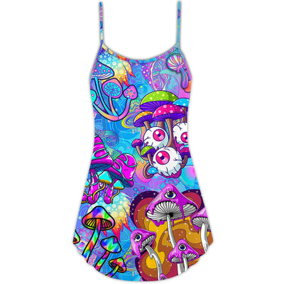 Hippie Mushroom Colorful Cool Style - V-neck Sleeveless Cami Dress - Owls Matrix LTD