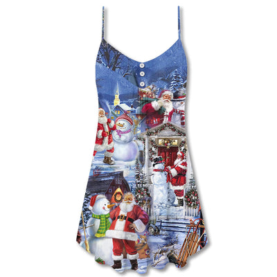 Santa And Snowman Happy Holiday Christmas - V-neck Sleeveless Cami Dress - Owls Matrix LTD