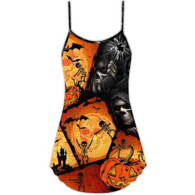 Halloween Skull Pumpkin Scary - V-neck Sleeveless Cami Dress - Owls Matrix LTD